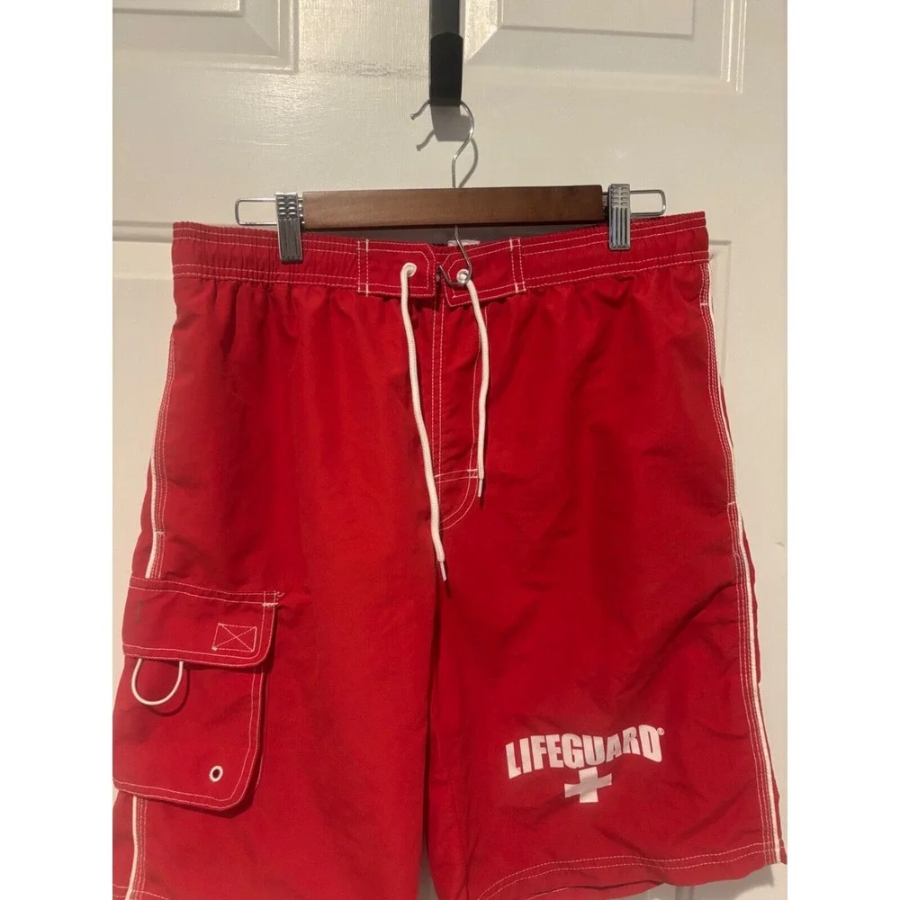 Lifeguard Swim Trunks Red White Men's Size Medium‎ Bathing Suit Summer